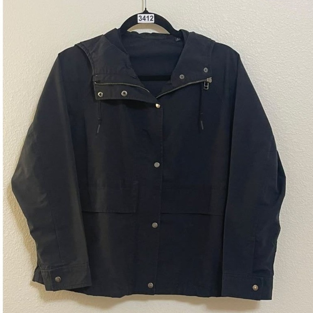 Uniqlo Black Hooded Parka Utility Jacket Full Zip Snap Front Size 4 211-429492